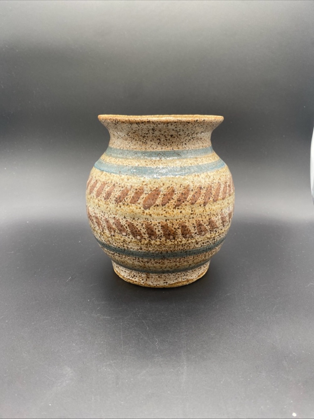Studio Pottery Stoneware Vase. Artist Signed Earth Tones Speckles And Stripes